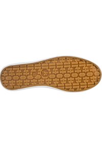 Semelle de chaussure en caoutchouc avec un motif texturé en brun et des bords blancs. Présente des designs hexagonaux et en zigzag pour l'adhérence et le soutien.