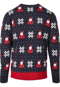 Pull marin avec des flocons de neige blancs et des motifs répétitifs de Père Noël rouges, avec un ourlet côtelé et des poignets rouges. Texture tricotée sur l'ensemble.