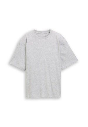 Jasnoszary t-shirt z krótkim rękawem i okrągłym dekoltem, o luźnym kroju, pokazany na płasko na białym tle.