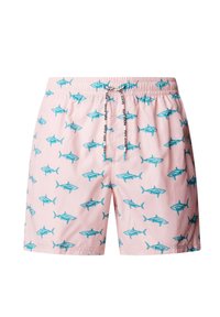 Růžové plavky s modrými vzory žraloků a bílým šňůrkovým stahováním s černým textem na pase, zobrazené na bílém pozadí.