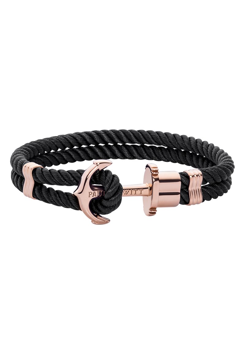 Schwarzes gedrehtes Seilarmband mit einem Ankerverschluss und Akzent in Roségold. Verfügt über ein graviertes Logo und strukturierte Details am Verschluss.