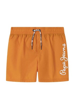 Shorts de bain orange en tissu lisse, dotés d'une taille élastique avec cordon de serrage et d'un logo blanc imprimé sur le côté.
