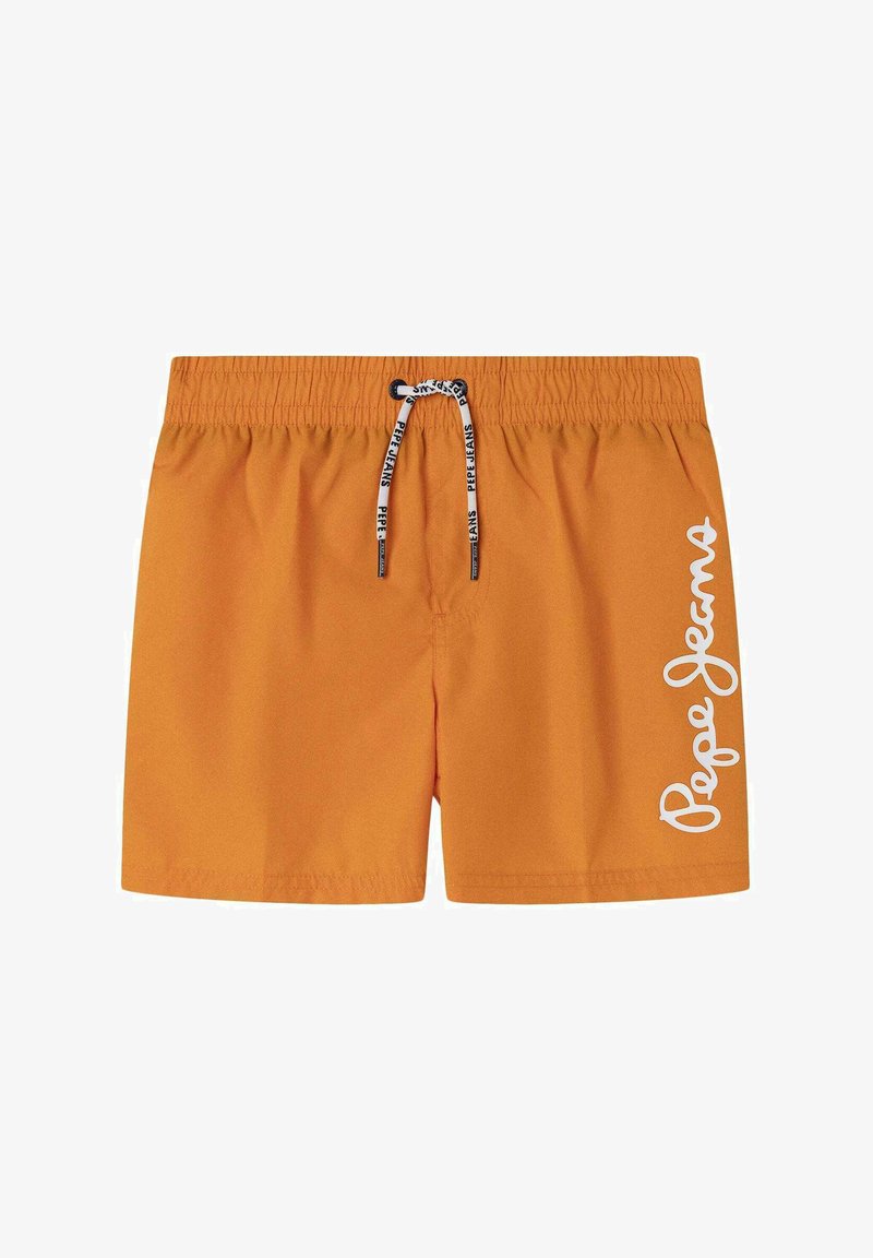 Oranžinės maudymosi šortai, pagaminti iš glotnaus audinio, su elastinga juosta ir raišteliu, ir balta logotipo spauda šone.