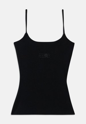 Schwarzes, eng anliegendes Tanktop mit dünnen Trägern, aus geripptem Stoff. Mit dezentem Logo-Design auf der Vorderseite. Glatte Textur und schlanke Silhouette.