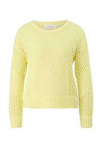 Gelber Strickpullover mit strukturiertem Muster, rundem Ausschnitt und geripptem Saum. Verfügt über offene Strickakzente an den Ärmeln und am Körper.