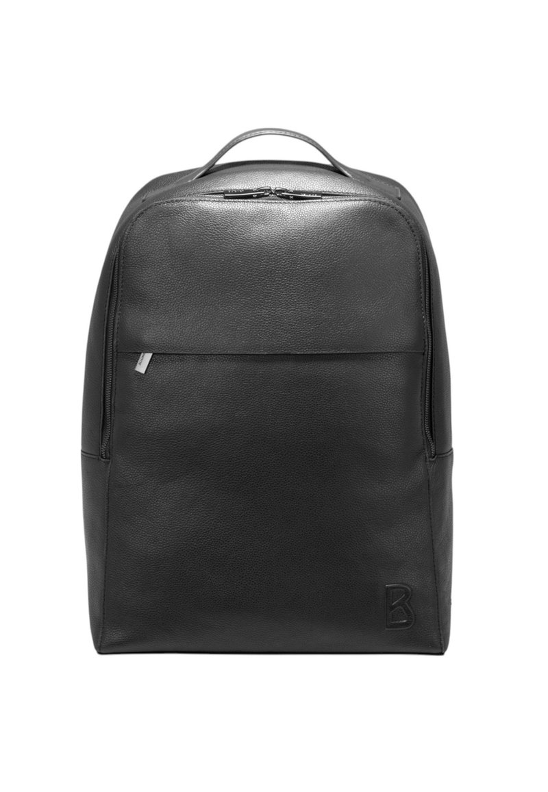 Sort læderrygsæk med glat tekstur, minimalistisk design, topgreb og forreste lynlåslomme. Har præget bogstav "B" på siden.