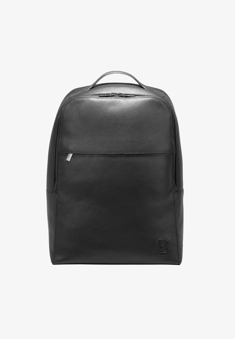 Sort læderrygsæk med glat tekstur, minimalistisk design, topgreb og forreste lynlåslomme. Har præget bogstav "B" på siden.