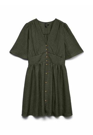 Donkergroene jurk met korte mouwen, V-hals, knoopsluiting aan de voorkant, een geplooide taille en licht gestructureerde stof.