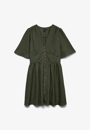 Donkergroene jurk met korte mouwen, V-hals, knoopsluiting aan de voorkant, een geplooide taille en licht gestructureerde stof.