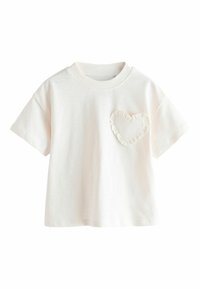 Kurzärmeliges, hellbeiges T-Shirt aus weicher Baumwolle, mit einer herzförmigen Tasche mit gerafftem Rand auf der linken Seite.