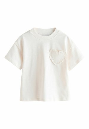 Kurzärmeliges, hellbeiges T-Shirt aus weicher Baumwolle, mit einer herzförmigen Tasche mit gerafftem Rand auf der linken Seite.