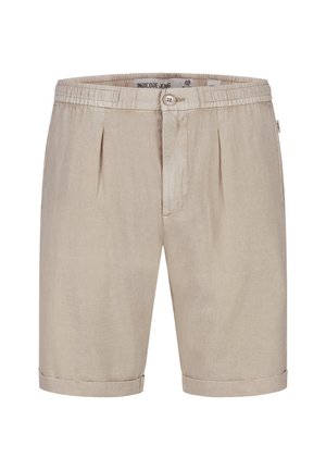 Shorts beige pour hommes, coupés sur mesure, avec fermeture à boutons, plis à l'avant, ourlets retroussés et détails de ceinture élastique.