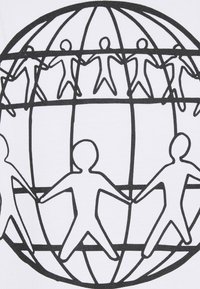Tissu blanc présentant une illustration en contour noir d'un globe terrestre entouré de figures stylisées se tenant la main. Design simple et minimaliste.