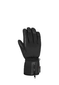 Schwarze Handschuhe aus Softshell-Material, mit Lederakzenten, elastischem Bündchen und einer mit Reißverschluss versehenen Tasche am Handgelenk für zusätzlichen Komfort.