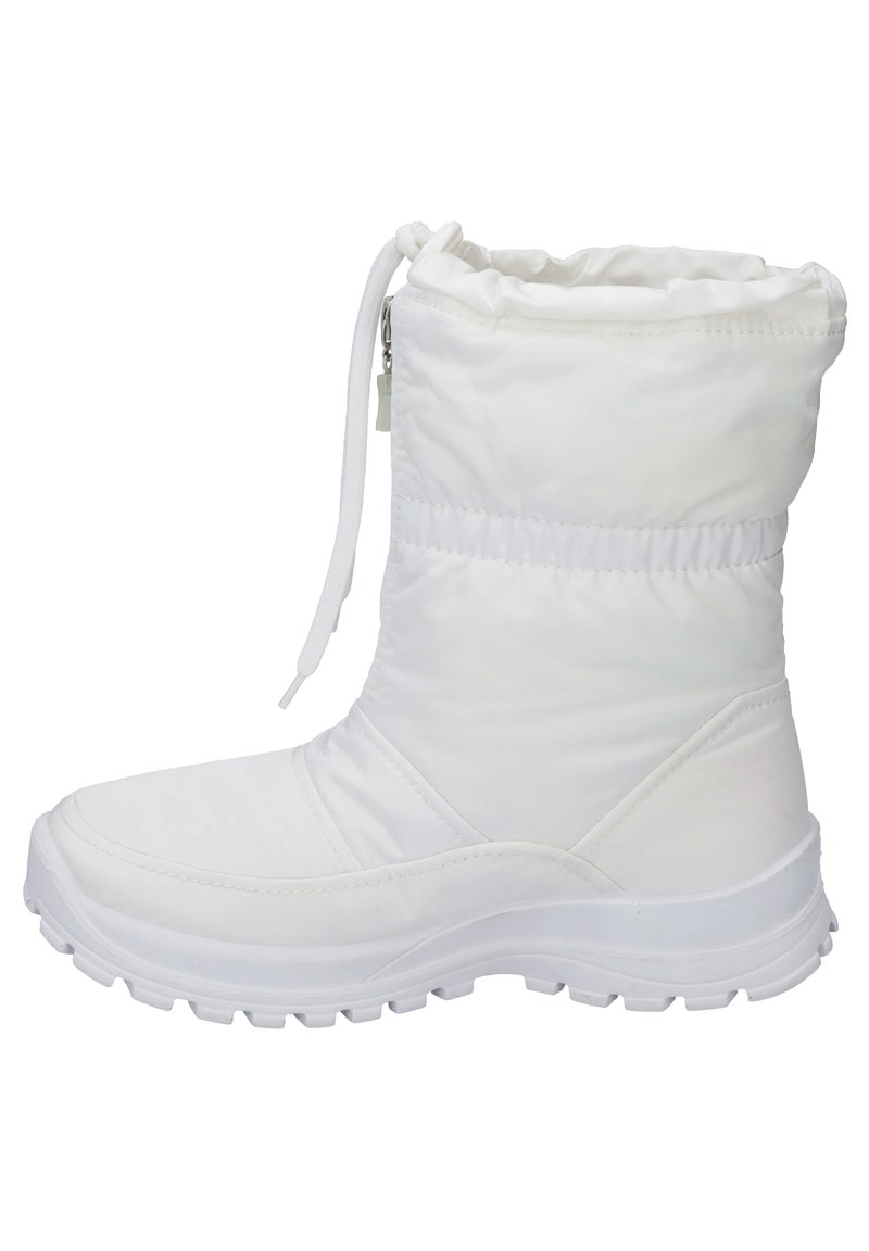 Stivali isolati bianchi con una parte superiore morbida e imbottita, bordo elastico e suola in gomma testurizzata per trazione e stabilità.