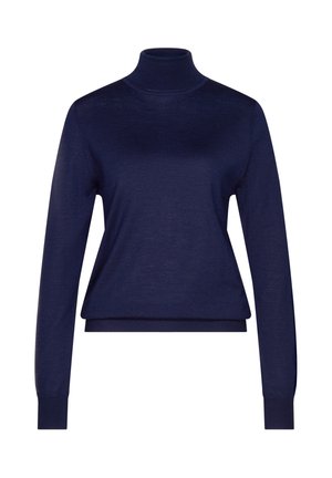 Navy blauwe lichtgewicht coltrui van zacht breiwerk, met lange mouwen en een aansluitende pasvorm.