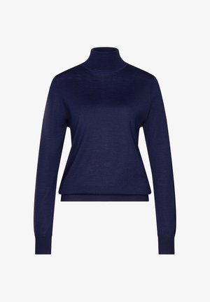 Maglione a dolcevita leggero di colore blu navy, realizzato in morbido tessuto a maglia, con maniche lunghe e silhouette aderente.
