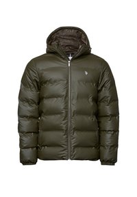 Alyvuogių žalia pūkinė striukė su užtrauktuku, reguliuojama kepurėle, elastingomis rankovėmis ir siuvinėtais raštais, užtikrinanti izoliaciją ir šilumą.