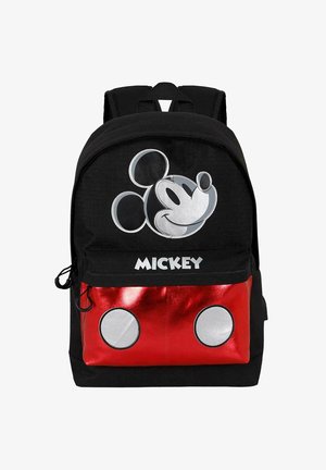 Sort rygsæk med stort Mickey Mouse-ansigt, teksten "MICKEY" og en skinnende rød frontlomme med to store hvide knapper.