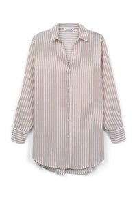 Camicia a maniche lunghe a righe beige con colletto classico, chiusura a bottoni e orlo arrotondato. Rigature verticali in toni alternati chiari e scuri.