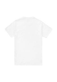 White cotton t-shirt, short sleeves, standard crew neck, smooth texture, no visible patterns or graphics, plain back view.