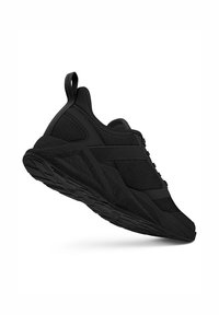 Schwarzer Sportschuh mit einem Obermaterial aus Mesh, einer strukturierten Sohle und elastischen Akzenten. Das Design verfügt über eine Lasche an der Ferse für ein einfaches An- und Ausziehen.