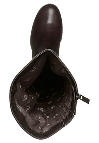 Bota de cuero negro con un exterior suave y un forro estampado blando visible desde arriba. Cuenta con una cremallera lateral para facilitar el acceso.