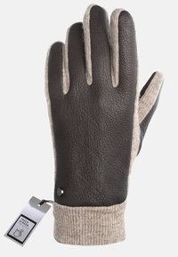 Læder- og struktureret strikhandsker. Brun læderpalme med en lys beige strikkant. Har et mærke der angiver kompatibilitet med berøringsskærm.
