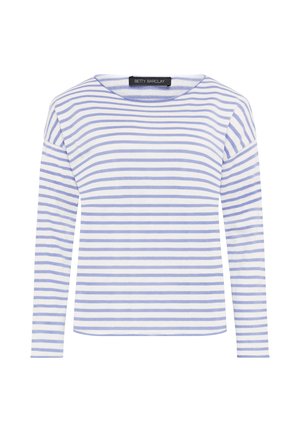 Langærmet damebluse med vandrette hvide og lyseblå striber, rund halsudskæring og et Betty Barclay-mærke ved kraven.