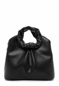 Czarna skórzana torebka na ramię z grubym, skręconym uchwytem, gładką teksturą i miękkimi fałdami z przodu, tworzącymi objętościowy kształt.