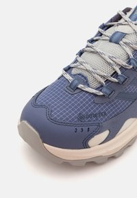 Niebiesko-szare buty outdoorowe z siateczkową cholewką, teksturowanymi wstawkami i wyściełanym kołnierzem. Wyraźne logo Gore-Tex oraz wyraźny bieżnik podeszwy.
