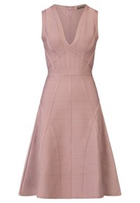 Hübsches, ärmelloses, hellrosanes Kleid mit tiefem V-Ausschnitt, strukturierten vertikalen Nähten und einem ausgestellten A-Linien-Rock. Zipperverschluss hinten.