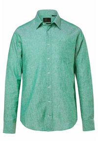 Groen overhemd met lange mouwen, gemaakt van gestructureerde stof. Voorzien van een zak, kraag en lichte knoopdetails.