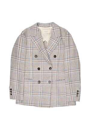 Dubbelbreasted blazer met beige, bruin en blauw ruitpatroon, met inkepingen in de revers, voorzakken en zes donkere knopen op de voorkant en manchetten.