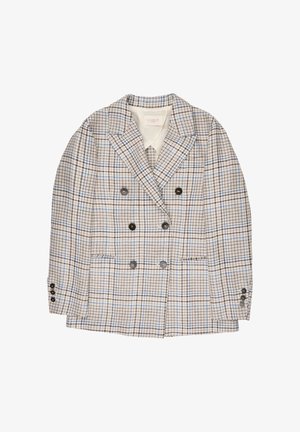 Dubbelbreasted blazer met beige, bruin en blauw ruitpatroon, met inkepingen in de revers, voorzakken en zes donkere knopen op de voorkant en manchetten.