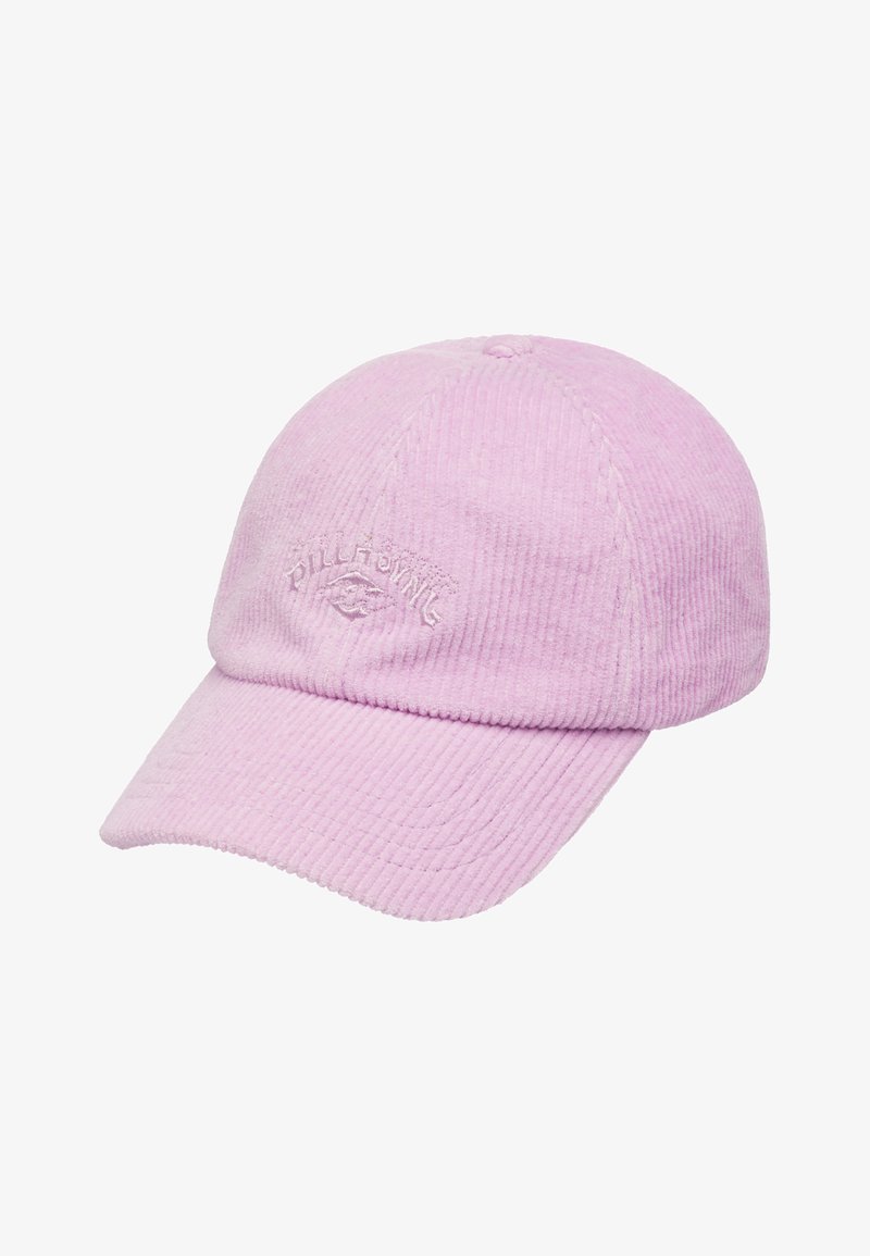 Pink corduroy cap with structured crown and curved brim; features embroidered logo on front. Texture is ribbed with subtle sheen.