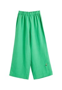 Groene linnen wijde broek met een elastische tailleband en een klein geborduurd detail nabij de zoom. Soepele textuur en ademend materiaal.