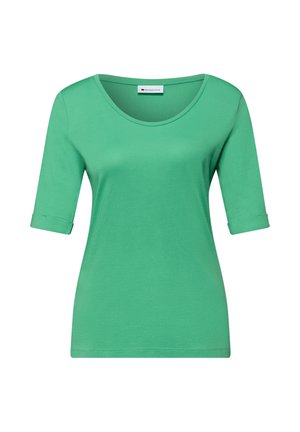 Groen shirt met korte mouwen, ronde hals en omgeslagen manchetten, ontworpen voor casual gebruik.
