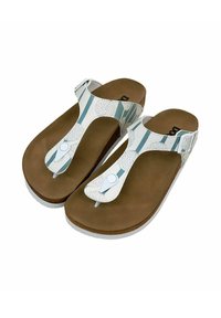 White and teal patterned thong sandals with a brown textured footbed, featuring a white button accent and a slight heel.