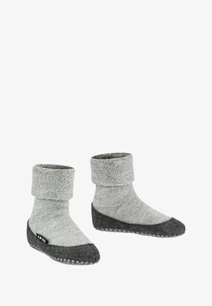 Graue gestrickte Socken mit umklappbarem Bündchen und dunkelgrauen rutschfesten Sohlen. Texturiert mit glattem Finish und Logodetail an der Seite.