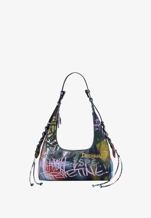 Hobo bag made of colorful faux leather with graffiti-style print. Features a curved shape, adjustable straps, and a zip closure.