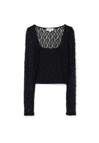 Top nero a maniche lunghe tagliato, realizzato in tessuto traforato e testurizzato con scollo a barchetta e design delicato e trasparente.