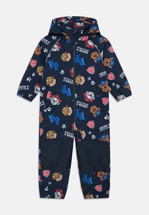 Navy blue one-piece suit with hood, featuring colorful cartoon animal characters and text patterns. Zipper closure, sturdy fabric with paw prints.