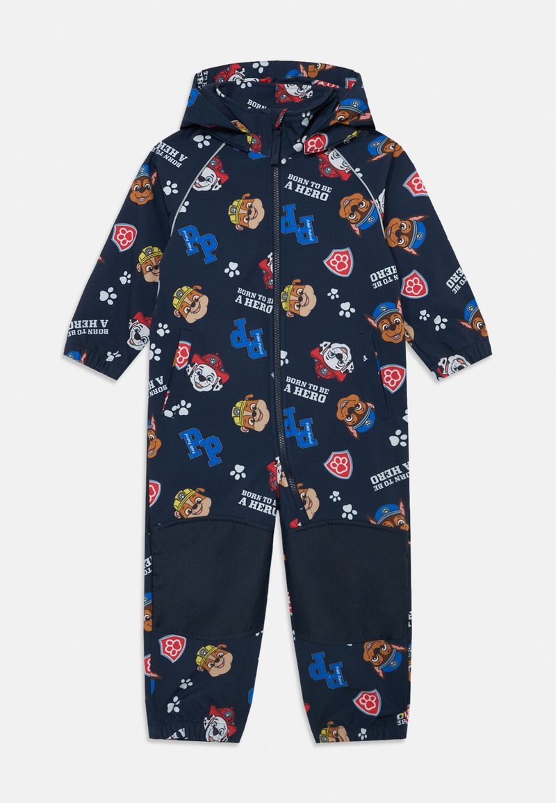 Μπλε σκούρο ολόσωμο μαγιό με κουκούλα, που διαθέτει πολύχρωμα κινούμενα σχέδια ζώων και μοτίβα κειμένου. Κλείσιμο με φερμουάρ, ανθεκτικό ύφασμα με αποτυπώματα πατουσών.