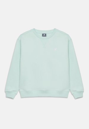 Sweat-shirt vert menthe clair à col rond avec manches longues, poignets et ourlet côtelés, petit logo blanc New Balance sur la poitrine.