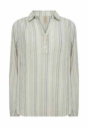 Langarmshirt mit kragenförmigem Ausschnitt, das vertikale Streifen in hellbeige, grau und grün aufweist; drei Knopfdetails vorne.