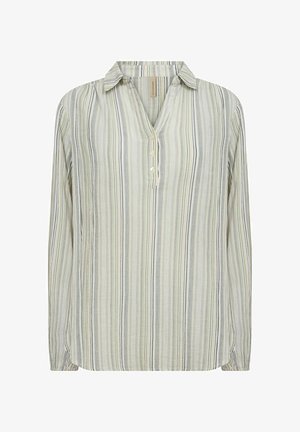 Langarmshirt mit kragenförmigem Ausschnitt, das vertikale Streifen in hellbeige, grau und grün aufweist; drei Knopfdetails vorne.