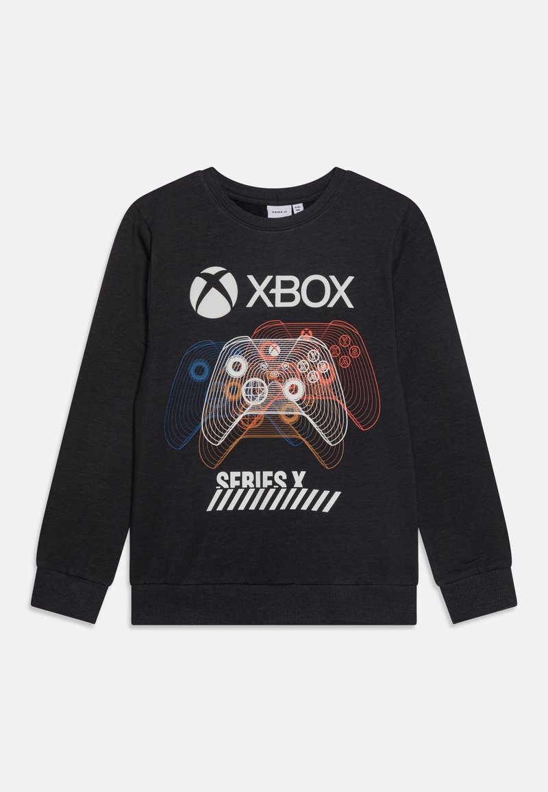 Sweatshirt noir à manches longues avec un logo Xbox blanc et un graphique de manettes de console encadrées de bleu et d'orange.