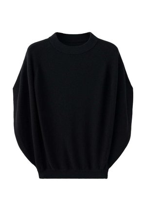 Pull noir en maille à manches longues avec encolure ronde et bords-côtes aux poignets et à l'ourlet, présenté sur fond blanc.