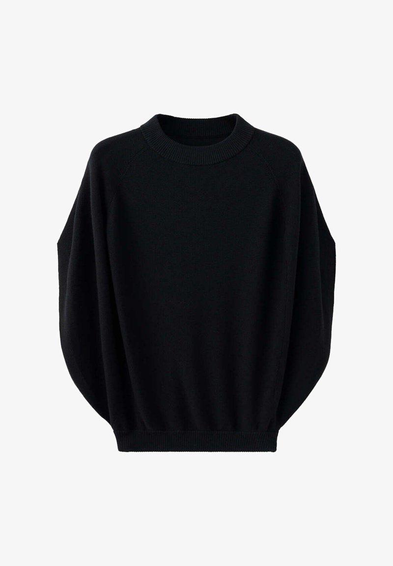 Pull noir en maille à manches longues avec encolure ronde et bords-côtes aux poignets et à l'ourlet, présenté sur fond blanc.